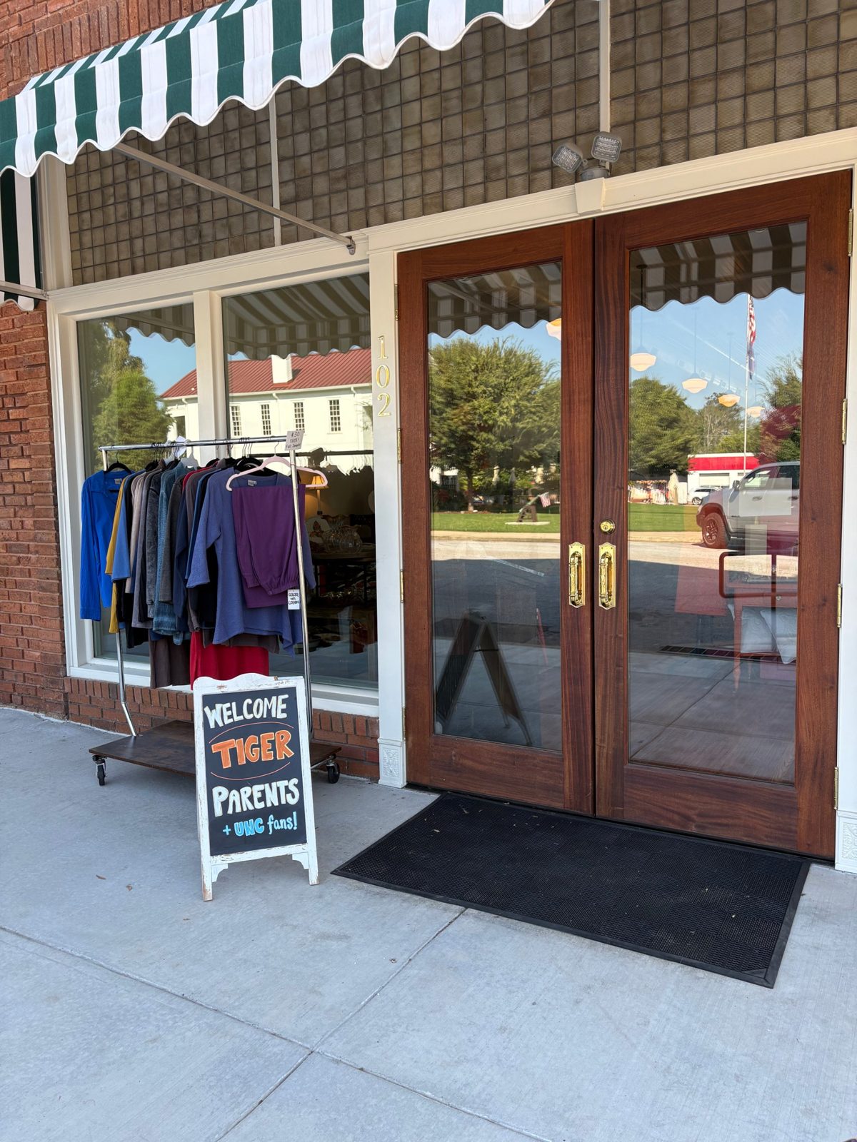 The front doors of Newtique at 102 Exchange Street